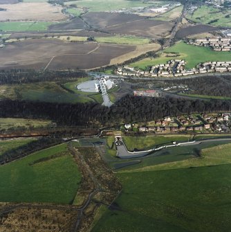 Oblique aerial view of the Falkirk Wheel, viaduct and lock, taken from the S.