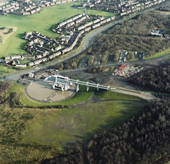 Oblique aerial view centred on the Falkirk Wheel, taken from the WSW.