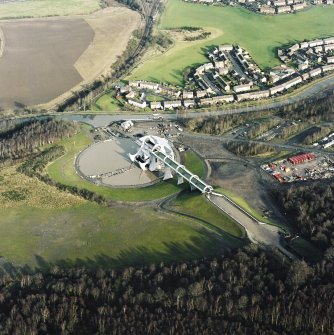 Oblique aerial view centred on the Falkirk Wheel with the aqueduct adjacent, taken from the SW.