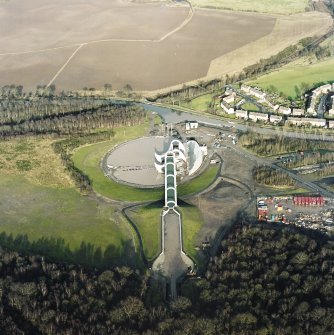 Oblique aerial view centred on the Falkirk Wheel with the aqueduct adjacent, taken from the S.