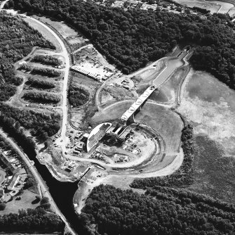 Oblique aerial view centred on the construction of the Falkirk Wheel, taken from the NW.