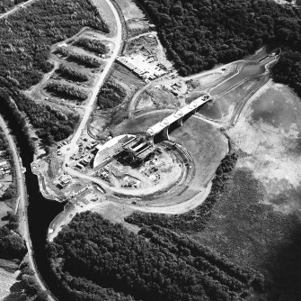 Oblique aerial view centred on the construction of the Falkirk Wheel, taken from the NW.