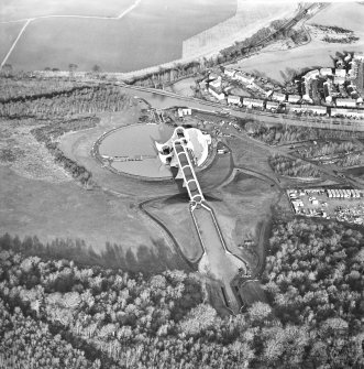 Oblique aerial view centred on the Falkirk Wheel with the aqueduct adjacent, taken from the SSW.