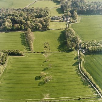 Oblique aerial view centred on the possible plantation bank with country house, stables and gardens adjacent, taken from the NE.
