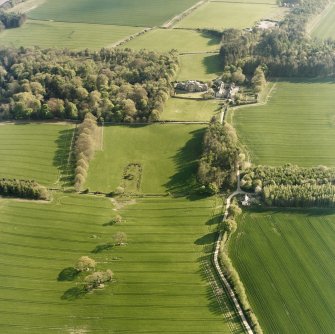 Oblique aerial view centred on the possible plantation bank with country house, stables and gardens adjacent, taken from the NNE.