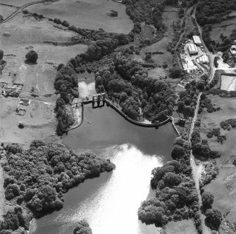 Oblique aerial view of Tongland Dam, taken from NE, centered on dam.