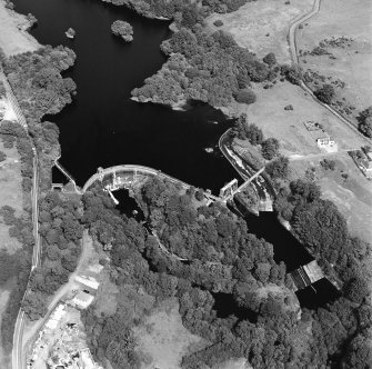 Oblique aerial view of Tongland Dam, taken from WSW, centered on dam.