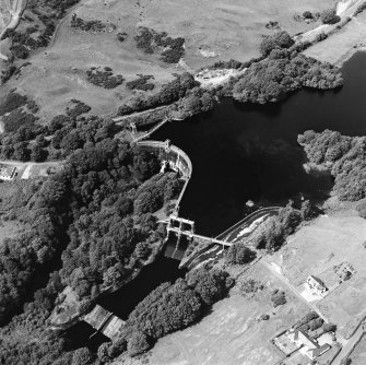 Oblique aerial view of Tongland Dam, taken from S, centered on dam.