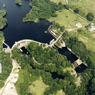 Oblique aerial view of Tongland Dam, taken from SW, centered on dam.