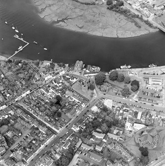 Oblique aerial view of Kirkcudbright centred on MacLellan's Tower, taken from the SSE.