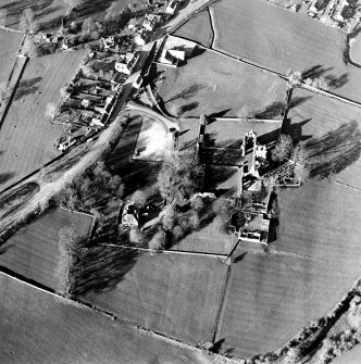 Oblique aerial view centred on the abbey and manse, taken from the S.