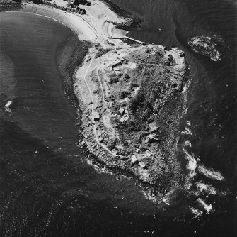 Inchcolm Island, oblique aerial view, taken from the SE, centred on three coastal batteries.