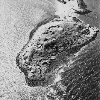 Inchcolm Island, oblique aerial view, taken from the ESE, centred on three coastal batteries.