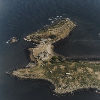 Inchcolm Island, oblique aerial view, taken from the W, showing Inchcolm Abbey and three coastal batteries.