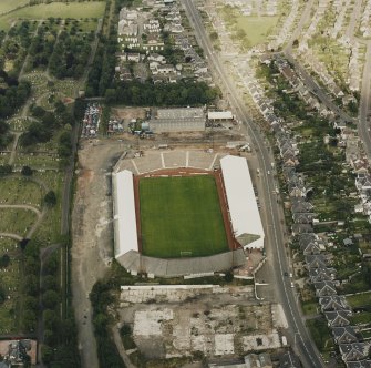 Oblique aerial view of East End Park football stadium, taken from the WSW.