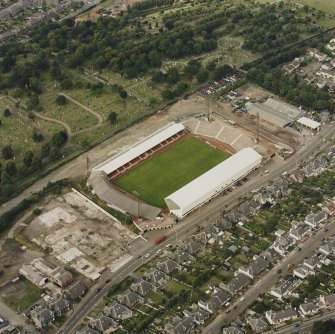 Oblique aerial view of East End Park football stadium, taken from the SSW.