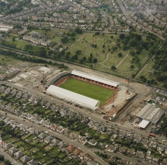 Oblique aerial view of East End Park football stadium, taken from the SE.