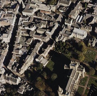 General oblique aerial view of Dunfermline High Street, Abbot Street and the abbey, taken from the W.