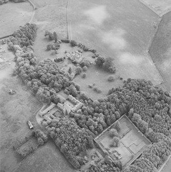 Oblique aerial view of Strathenry country house, dovecot and tower house, taken from the NW.