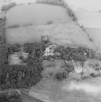 Oblique aerial view of Strathenry country house, dovecot and tower house, taken from the SSE.
