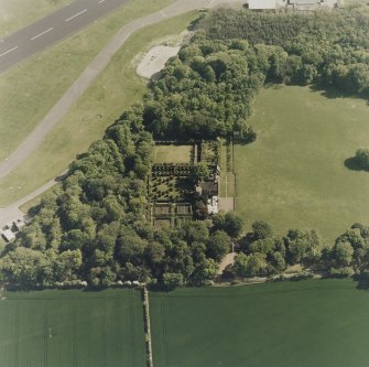 Aerial view of Earlshall country house, formal garden and dovecot, taken from the N.