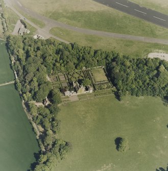Aerial view of Earlshall country house, formal garden and dovecot, taken from the W.