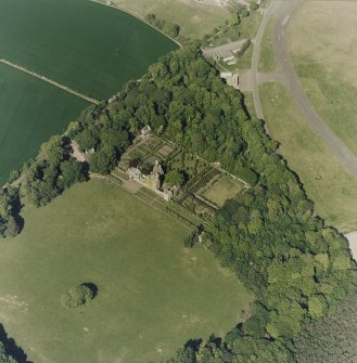 Aerial view of Earlshall country house, formal garden and dovecot, taken from the SW.