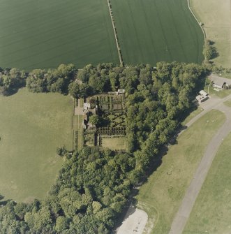 Aerial view of Earlshall country house, formal garden and dovecot, taken from the S.