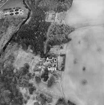 Aerial view of Crawford Priory and stables, taken from the SW.