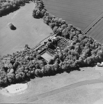 Aerial view of Earlshall country house, formal garden and dovecot, taken from the SE.