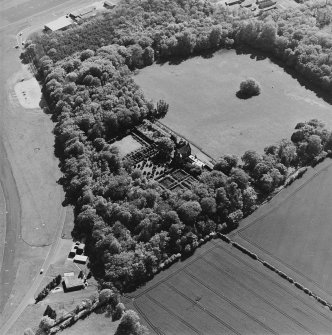 Aerial view of Earlshall country house, formal garden and dovecot, taken from the NE.