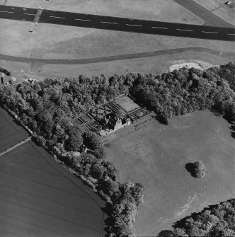 Aerial view of Earlshall country house, formal garden and dovecot, taken from the NW.
