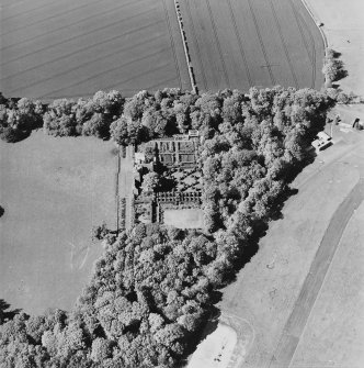 Aerial view of Earlshall country house, formal garden and dovecot, taken from the SSE.