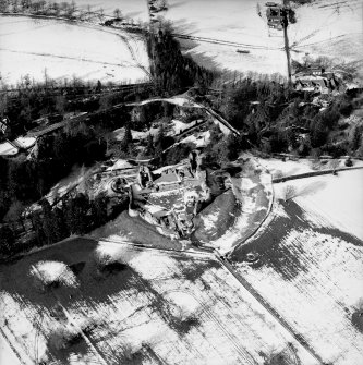 Oblique aerial photograph, taken from the S, centred on Kildrummy Castle.