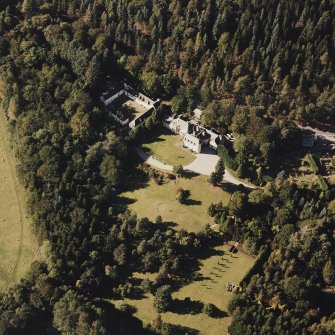 Oblique aerial view of Candacraig House and grounds centred on the country house, taken from the SE.