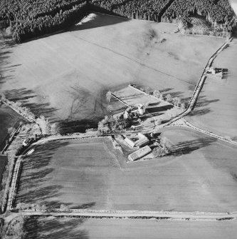 Oblique aerial view centred on the tower-house taken from the SE.