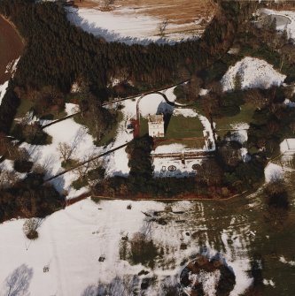 Oblique aerial view centred on Udny Castle and gardens taken from the SSE.