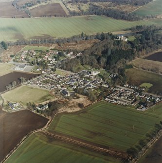 Oblique aerial view centred on Monymusk village, taken from the SSW.