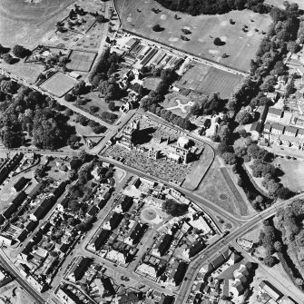 Elgin Cathedral, oblique aerial view, taken from the SE, centred on the Cathedral and the Bishop's House.