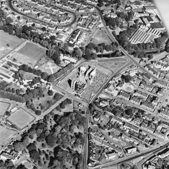 Elgin Cathedral, oblique aerial view, taken from the SW, centred on the Cathedral and the Bishop's House.