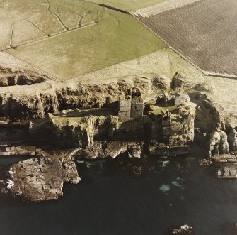 Aerial photograph showing castles Girnigoe and Sinclair, and Castle Haven Dyke