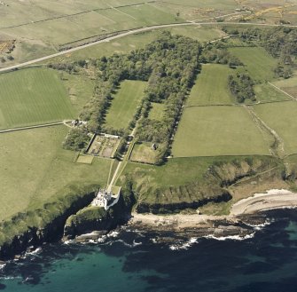 Aerial view of Dunbeath Castle and grounds from E.
