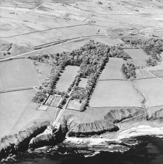 Aerial view of Dunbeath Castle and grounds from SE.