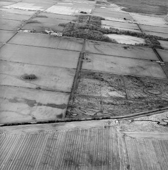 General oblique aerial view looking across the remains of the fort and possible broch towards the country house and farmsteading, taken from the SSW