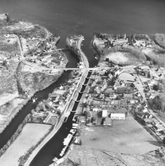 Oblique aerial view of Fort Augustus Locks, village and abbey