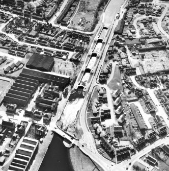 Aerial view of Muirtown Locks, locks and swing bridge