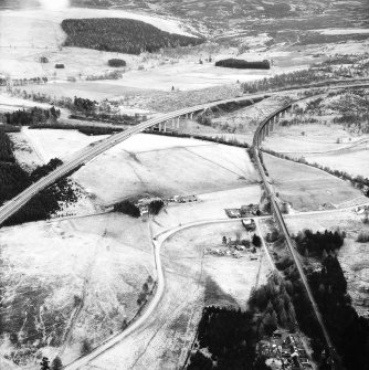 Aerial view of Tomatin Railway Viaduct over River Findhorn, Tomatin Bridge and 
Tomatin Railway Viaduct over old A9 road