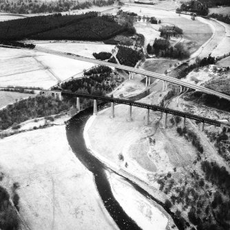 Aerial view of Tomatin Railway Viaduct over River Findhorn and Tomatin Bridge