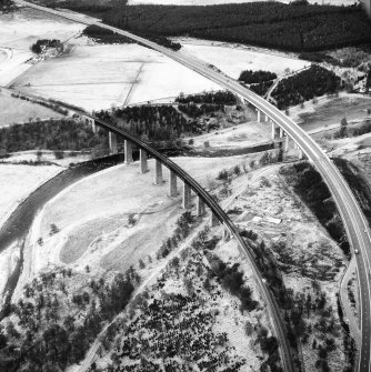 Aerial view of Tomatin Railway Viaduct over River Findhorn and Tomatin Bridge