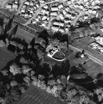Aerial view showing the stables and dovecot